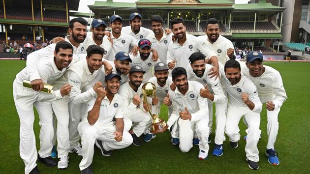 India’s team pose with the Border-Gavaskar trophy as they celebrate their series win on the fifth day of the fourth and final cricket Test against Australia at the Sydney Cricket Ground. This is a historic first-ever victory since India began touring Australia in 1947-48. (Peter Parks / AFP) India’s team pose with the Border-Gavaskar trophy as they celebrate their series win on the fifth day of the fourth and final cricket Test against Australia at the Sydney Cricket Ground. This is a historic first-ever victory since India began touring Australia in 1947-48. (Peter Parks / AFP)
