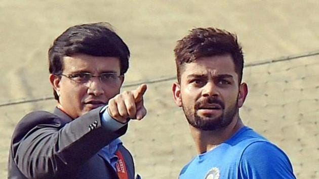 File photo of Sourav Ganguly with Virat Kohli during Indian team's practice session at the Eden Gardens in Kolkata.(PTI)