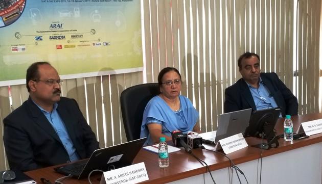 (Left to right) AR Sihag, secretary, department of heavy industry, Rashmi Urdhwareshe, director, ARAI and M RSaraf during a press conference on Tuesday at ARAI.(HT/PHOTO)