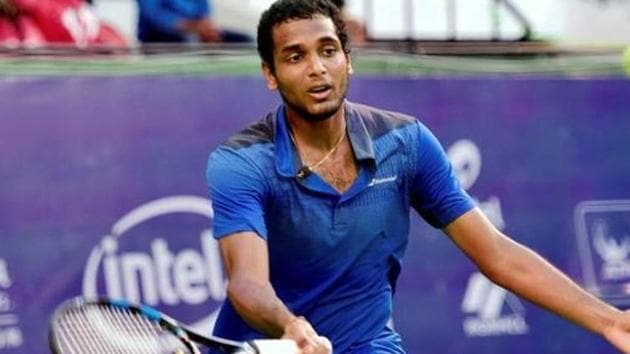 Ramkumar Ramanathan of India plays against Jay Clarke of Great Britain during the Bengaluru Open.(PTI)