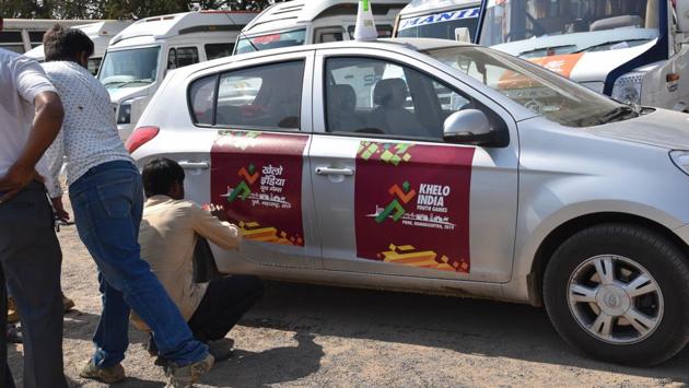 Cars and buses are branded with Khelo India logo ahead of the opening ceremony. (HT PHOTO) 