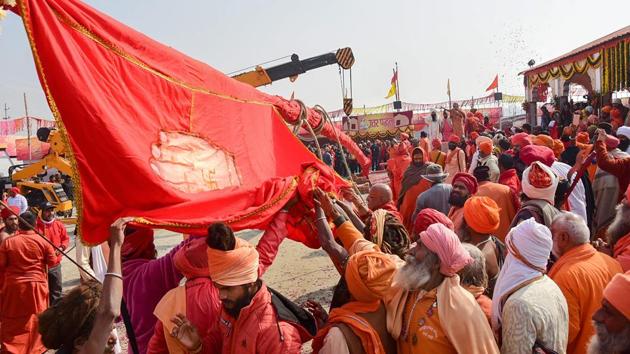Sadhus participate in flag hoisting ceremony ahead of Kumbh Mela 2019, in Prayagraj. In a first, the Kumbh Mela will witness the use of artificial intelligence for better crowd management this year. The 2019 Kumbh Mela will commence in Prayagraj city of Uttar Pradesh from January 15 till March 4. (PTI) Sadhus participate in flag hoisting ceremony ahead of Kumbh Mela 2019, in Prayagraj. In a first, the Kumbh Mela will witness the use of artificial intelligence for better crowd management this year. The 2019 Kumbh Mela will commence in Prayagraj city of Uttar Pradesh from January 15 till March 4. (PTI)