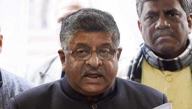 Union Law Minister Ravi Shankar Prasad addresses the media during the ongoing Winter Session of Parliament, in New Delhi on January 7.(PTI Photo) Union Law Minister Ravi Shankar Prasad addresses the media during the ongoing Winter Session of Parliament, in New Delhi on January 7.(PTI Photo)