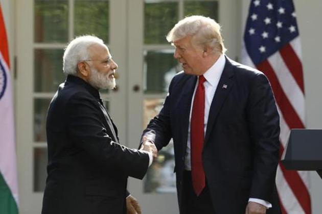 US President Donald Trump (R) greets Indian Prime Minister Narendra Modi during their joint news conference in the Rose Garden of the White House in Washington, U.S., June 26, 2017.(REUTERS FILE PHOTO)