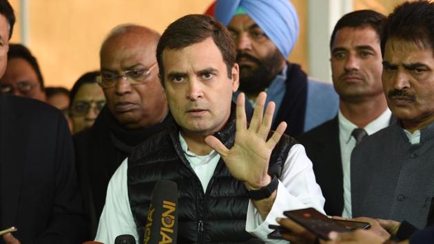 Congress President Rahul Gandhi speaks to media during the ongoing Winter Session of Parliament, in New Delhi, India, on Monday, January 7, 2019.(Arvind Yadav/HT FILE PHOTO)