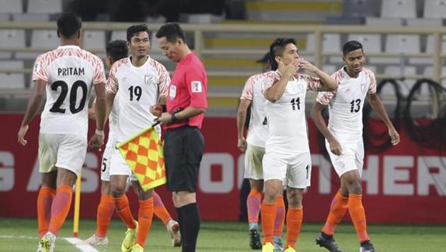 Abu Dhabi: India's forward Sunil Chhetri celebrates his second goal during the AFC Asian Cup group A soccer match between Thailand and India at Al Nahyan Stadium in Abu Dhabi, United Arab Emirates, Sunday, Jan. 6, 2019(AP)