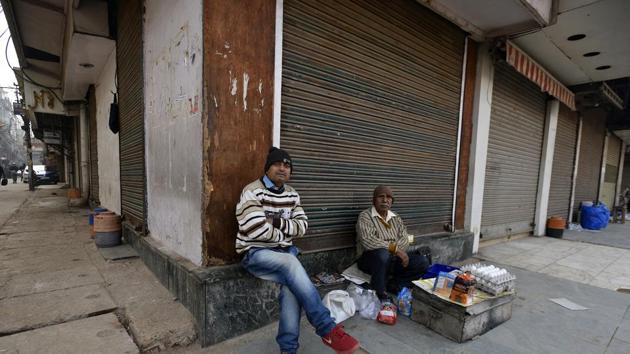 Closed shops seen at Ajmal Khan road, Karol Bagh, in New Delhi, on Tuesday, January 8, 2019, the first day of a 2-day nationwide strike called by trade unions. (Biplov Bhuyan/HT Photo) Closed shops seen at Ajmal Khan road, Karol Bagh, in New Delhi, on Tuesday, January 8, 2019, the first day of a 2-day nationwide strike called by trade unions. (Biplov Bhuyan/HT Photo)