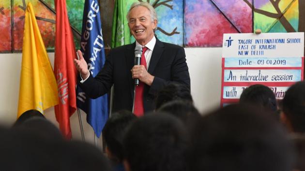 Former British Prime Minister Tony Blair seen interacting with students, at Tagore International School, in New Delhi on Wednesday, January 9, 2019.(Raj K Raj/HT PHOTO)