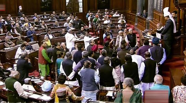 The Congress and other opposition parties on Wednesday strongly protested in the Rajya Sabha over the introduction of the 10% reservation bill of economically weaker sections.(PTI Photo)