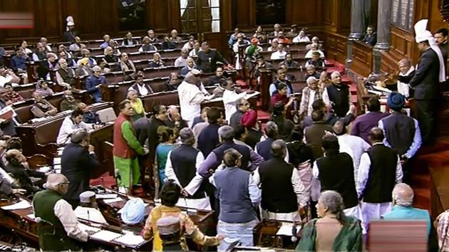On Wednesday, the Rajya Sabha witnessed multiple disruptions by opposition parties leading to several adjournments. The winter session had been extended by one day by the government in order to get multiple big-ticket Bills passed by the Upper House. (RSTV grab / PTI)