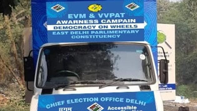A truck with an EVM and VVPAT on board will be stationed outside polling booths to educate voters.(HT Photo)