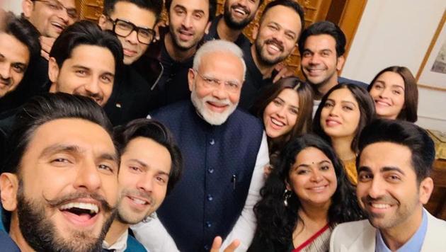 Prime Minister Modi with Ranveer Singh, Alia Bhatt, Ranbir Kapoor, Varun Dhawan, Rajkummar Rao, Ayushmann Khurrana, Bhumi Pednekar, Sidharth Malhotra, Vicky Kaushal, Karan Johar, Ekta Kapoor, Rohit Shetty and Ashwini Iyer Tiwari. (Instagram) Prime Minister Modi with Ranveer Singh, Alia Bhatt, Ranbir Kapoor, Varun Dhawan, Rajkummar Rao, Ayushmann Khurrana, Bhumi Pednekar, Sidharth Malhotra, Vicky Kaushal, Karan Johar, Ekta Kapoor, Rohit Shetty and Ashwini Iyer Tiwari. (Instagram)