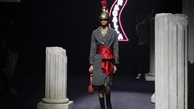A model displays a creation part of the Moschino fall-winter 2019/20 men’s collection and women’s pre-collection (AP)