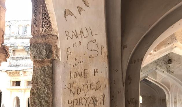 Graffiti on the walls of the Octagonal Royal Ladies’ bath at Hampi(Shekhar Gupta)