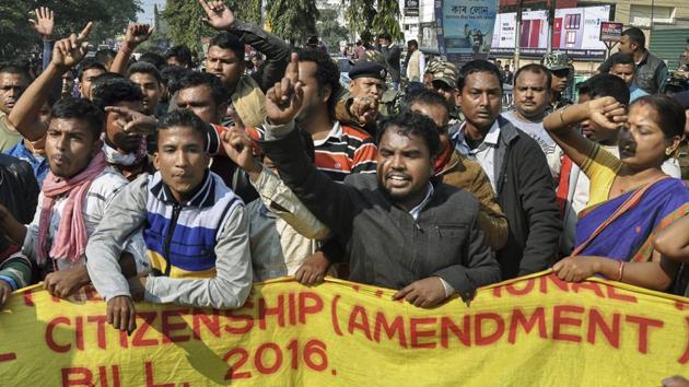 Guwahati: Activists of various indigenous organizations stage a protest rally in front of Assam Secretariat against the Citizenship (Amendment) Bill, 2016, in Guwahati, Wednesday, Jan 9, 2019. (PTI Photo) (PTI1_9_2019_000127B)(PTI) Guwahati: Activists of various indigenous organizations stage a protest rally in front of Assam Secretariat against the Citizenship (Amendment) Bill, 2016, in Guwahati, Wednesday, Jan 9, 2019. (PTI Photo) (PTI1_9_2019_000127B)(PTI)
