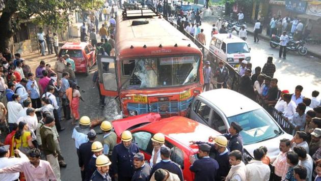Santosh Mane had taken out a bus from the depot using a master key in January 25, 2012, and knocked down many two-wheelers, four-wheelers and pedestrians on the route, before he was stopped by local residents and police. (HT FILE PHOTO) Santosh Mane had taken out a bus from the depot using a master key in January 25, 2012, and knocked down many two-wheelers, four-wheelers and pedestrians on the route, before he was stopped by local residents and police. (HT FILE PHOTO)