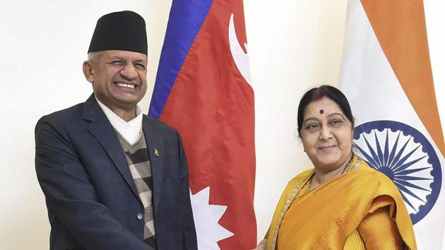 External affairs minister Sushma Swaraj greets her Nepali counterpart Pradeep Kumar Gyawali, in New Delhi on January 10.(PTI Photo)