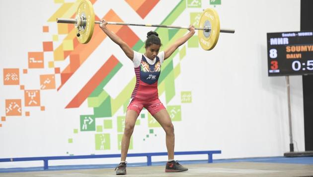 Shubham Kolekar (MAH) (u-21 55kg gold medallist) in action at the  Khelo India Youth Games 2019. (HT PHOTO) 