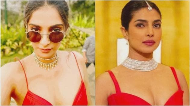 Sonam Kapoor and Priyanka Chopra’s bright red gowns featured thin straps, a plunging sweetheart neckline and a full, floaty skirt. (Instagram)