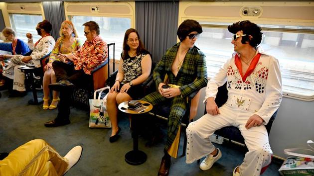 “I go to Parkes because it’s so much fun. We have a lovely time, I love the Elvises,” Dollin told AFP. “The people at Parkes are so friendly,” Dollin said. “Everyone on the train is very friendly and it’s just a really good time.” (Peter Parks / AFP) “I go to Parkes because it’s so much fun. We have a lovely time, I love the Elvises,” Dollin told AFP. “The people at Parkes are so friendly,” Dollin said. “Everyone on the train is very friendly and it’s just a really good time.” (Peter Parks / AFP)