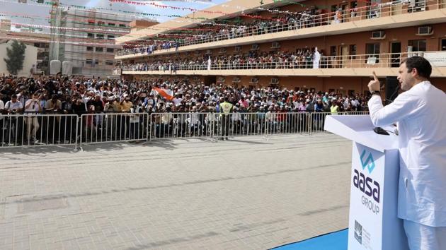 Congress President Rahul Gandhi at Labour camp Jabeel Ali industrial area in Dubai on Friday. (ANI Photo) Congress President Rahul Gandhi at Labour camp Jabeel Ali industrial area in Dubai on Friday. (ANI Photo)