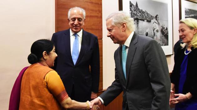 External Affairs Minister Sushma Swaraj meets Zalmay Khalilzad, US Special Representative for Afghan Reconciliation in New Delhi.(ANI) External Affairs Minister Sushma Swaraj meets Zalmay Khalilzad, US Special Representative for Afghan Reconciliation in New Delhi.(ANI)