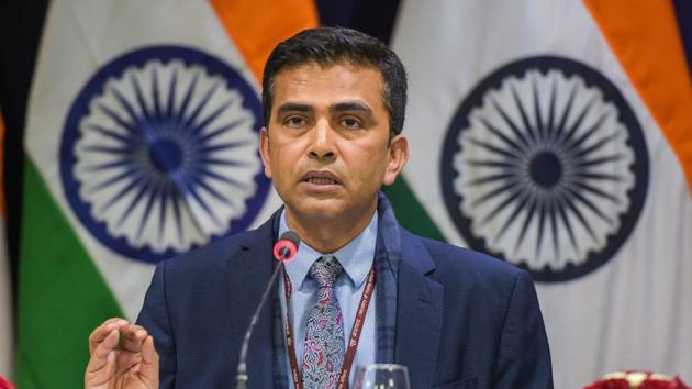 External affairs ministry spokesperson Raveesh Kumar addresses a press conference in New Delhi on Friday. (PTI) External affairs ministry spokesperson Raveesh Kumar addresses a press conference in New Delhi on Friday. (PTI)