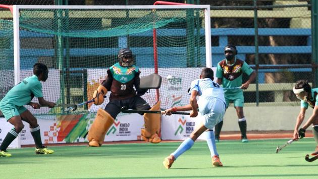 Khelo India Youth Games - Action during the Under 17 Men - Hockey match between Haryana (Blue jersey) and Jharkhand on Wednesday 09-01-2019 