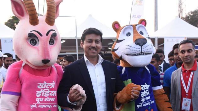 Col Rajyavardhan Singh Rathore (retired), Minister for Sports and Youth Affairs (IC) with Khelo India Youth Games 2019 mascots, Jaya and Vijay (HT PHOTO) Col Rajyavardhan Singh Rathore (retired), Minister for Sports and Youth Affairs (IC) with Khelo India Youth Games 2019 mascots, Jaya and Vijay (HT PHOTO)