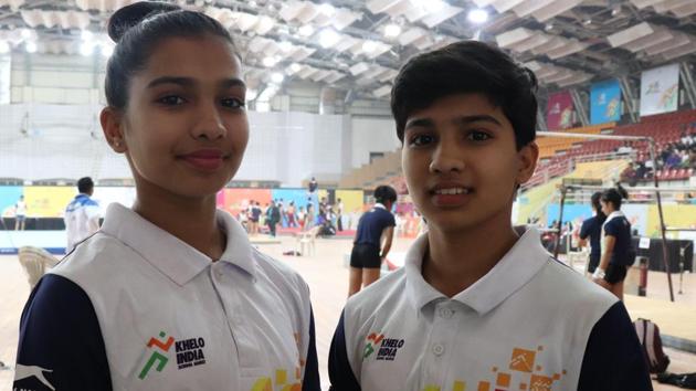 The 15-year-old twins, who hail from Aurangabad, first showed their class in the all round event on Day 1 with Siddhi winning silver and Riddhi clinching the gold medal. On Day 2, the duo clinched two more medals with Siddhi winning gold in uneven bars, while Riddhi won bronze in the beam event. (HT PHOTO) 