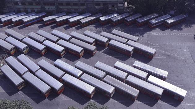 BEST buses parked during indefinite strike called by its employees at Mumbai Central Bus Depot in Mumbai, Maharashtra. (Anshuman Poyrekar / HT Photo) BEST buses parked during indefinite strike called by its employees at Mumbai Central Bus Depot in Mumbai, Maharashtra. (Anshuman Poyrekar / HT Photo)