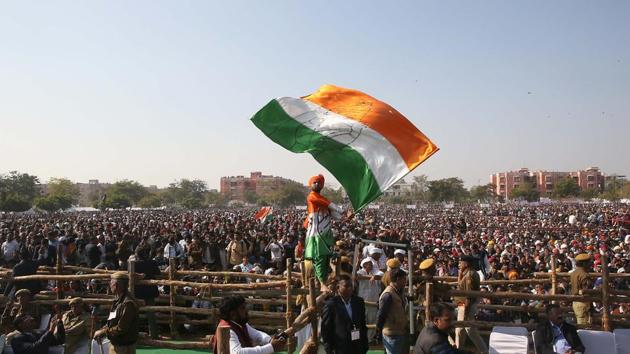 A view of the crowd during Congress President Rahul Gandhi’s speech during the farmers’ rally, at Vidyadhar Nagar Stadium in Jaipur, Rajasthan. (Himanshu Vyas / HT Photo) A view of the crowd during Congress President Rahul Gandhi’s speech during the farmers’ rally, at Vidyadhar Nagar Stadium in Jaipur, Rajasthan. (Himanshu Vyas / HT Photo)
