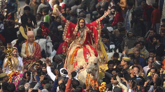 Lakshmi Narayan Tripathi head of Kinnar Akhara for transgenders, rides on a camel during a religious procession towards Sangam, the confluence of rivers Ganges, Yamuna and mythical Saraswati, as part of Kumbh festival in Prayagraj, Uttar Pradesh. (Rajesh Kumar Singh / AP) Lakshmi Narayan Tripathi head of Kinnar Akhara for transgenders, rides on a camel during a religious procession towards Sangam, the confluence of rivers Ganges, Yamuna and mythical Saraswati, as part of Kumbh festival in Prayagraj, Uttar Pradesh. (Rajesh Kumar Singh / AP)