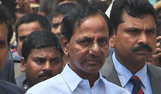 Telangana newly elected Chief Minister K. Chandrasekhar Rao, center, arrives for the Telangana Formation Day celebrations at soon after his swearing in ceremony, Parade ground in Hyderabad, India, Monday, June 2, 2014. Celebrations greeted the creation Monday of India's newest state of Telangana, marking the formal division of the southern state of Andhra Pradesh.(AP)