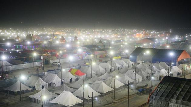 Tents of sadhus are pitched on the banks of Sangam, the confluence of the Ganges, Yamuna and mythical Saraswati rivers for the upcoming Kumbh Mela festival Prayagraj, Uttar Pradesh. (Sanjay Kanojia / AFP) Tents of sadhus are pitched on the banks of Sangam, the confluence of the Ganges, Yamuna and mythical Saraswati rivers for the upcoming Kumbh Mela festival Prayagraj, Uttar Pradesh. (Sanjay Kanojia / AFP)