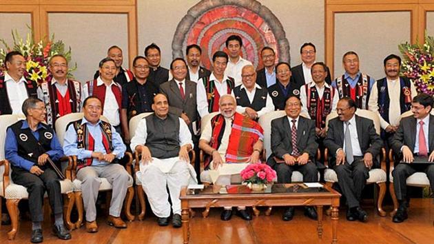 Prime Minister Narendra Modi with Union home minister Rajnath Singh, Chairman of NSCN (IM) Isak Chishi Swu, NSCN (IM) General Secretary Thuingaleng Muivah NSA, Ajit Doval and others at the signing ceremony of historic peace accord between Government of India & NSCN, in New Delhi on August 3, 2015.((PTI File Photo)) Prime Minister Narendra Modi with Union home minister Rajnath Singh, Chairman of NSCN (IM) Isak Chishi Swu, NSCN (IM) General Secretary Thuingaleng Muivah NSA, Ajit Doval and others at the signing ceremony of historic peace accord between Government of India & NSCN, in New Delhi on August 3, 2015.((PTI File Photo))