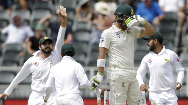 South Africa's batsman Dean Elgar, front, reacts as Pakistan players celebrates his wicket during day two of the third cricket test match between South Africa and Pakistan. (AP) South Africa's batsman Dean Elgar, front, reacts as Pakistan players celebrates his wicket during day two of the third cricket test match between South Africa and Pakistan. (AP)