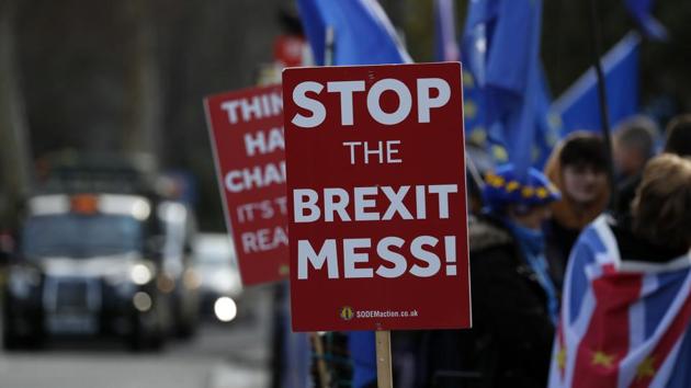 Pro-European demonstrators protest outside parliament in London, Friday, Jan. 11, 2019. Britain's Prime Minister Theresa May is struggling to win support for her Brexit deal in Parliament. Lawmakers are due to vote on the agreement Tuesday, and all signs suggest they will reject it, adding uncertainty to Brexit less than three months before Britain is due to leave the EU on March 29. (AP Photo/Frank Augstein) (AP) Pro-European demonstrators protest outside parliament in London, Friday, Jan. 11, 2019. Britain's Prime Minister Theresa May is struggling to win support for her Brexit deal in Parliament. Lawmakers are due to vote on the agreement Tuesday, and all signs suggest they will reject it, adding uncertainty to Brexit less than three months before Britain is due to leave the EU on March 29. (AP Photo/Frank Augstein) (AP)
