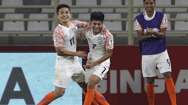 Sunil Chhetri, left, and midfielder Anirudh Thapa celebrate a goal.(AP)