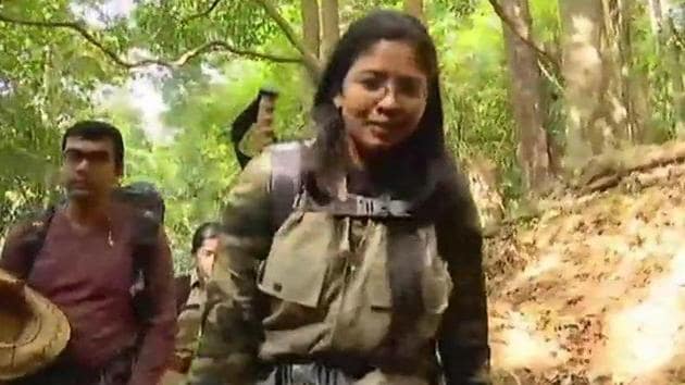 K Dhanya Sanal, spokesperson of the Defence Ministry in Thiruvananthapuram, becomes first woman trekking to Agasthyarkoodam peak after high court order.(ANI Photo/Twitter)