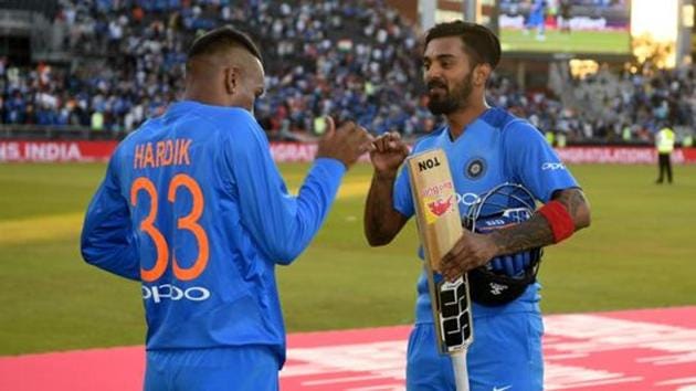 Lokesh Rahul of India celebrates with Hardik Pandya after winning the 1st Vitality International T20 match between England and India at Emirates Old Trafford on July 3, 2018 in Manchester, England.(Getty Images)