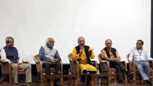 (From left) Mayank Barjatya, Balan Nambiar, Ashish Mohan Khokar, Milind Sathe and Udayan Indurkar at IUCAA, Chandrashekar Auditorium on Sunday.(RAHUL RAUT/ HT PHOTO)