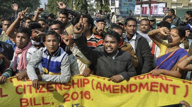 Activists of various indigenous organizations stage a protest rally in front of Assam Secretariat against the Citizenship (Amendment) Bill, 2016, in Guwahati on January 9.(PTI Photo)
