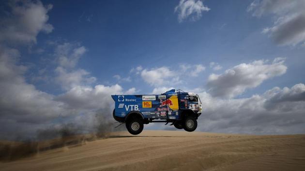 Former winner Andrey Karginov, competing for Russia’s Kamaz team in the truck category, was excluded from this year’s event for failing to stop after a collision with a spectator. The Russian, who won in 2014, was third at the time of the incident with two wins from the five stages. A 60-year-old man from South Africa, watching the race in an unsecured area was hit by Karginov, organisers said in a statement. (Franck fife / AFP) Former winner Andrey Karginov, competing for Russia’s Kamaz team in the truck category, was excluded from this year’s event for failing to stop after a collision with a spectator. The Russian, who won in 2014, was third at the time of the incident with two wins from the five stages. A 60-year-old man from South Africa, watching the race in an unsecured area was hit by Karginov, organisers said in a statement. (Franck fife / AFP)