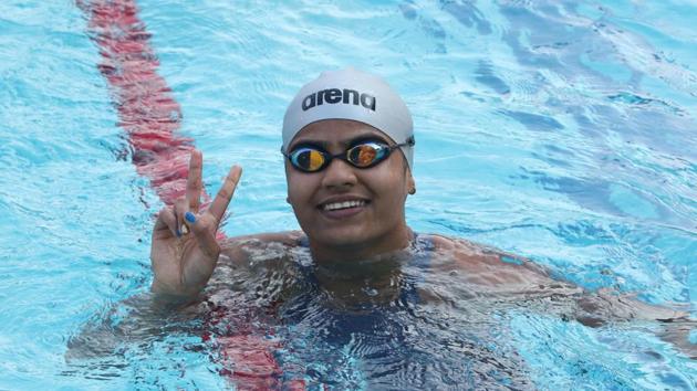 SP Likith(Karnataka), gold medallist in boys U-21 50m freestyle and 50m breaststroke swimming at Khelo India Youth Games (HT PHOTO) 