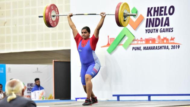 Gold medalist of U-21 Women’s 81kg category T Dharshini (TN) in action at Khelo India Youth Games (HT PHOTO) Gold medalist of U-21 Women’s 81kg category T Dharshini (TN) in action at Khelo India Youth Games (HT PHOTO)