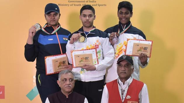 (From left) Rajkanwar Singh (Punjab); silver, Udayveer Sidhu (Chandigarh), gold and Mukesh Nelavalli (Andhra Pradesh) bronze of Men U-17 10m air pistol at Khelo India Youth Games (HT PHOTO) (From left) Rajkanwar Singh (Punjab); silver, Udayveer Sidhu (Chandigarh), gold and Mukesh Nelavalli (Andhra Pradesh) bronze of Men U-17 10m air pistol at Khelo India Youth Games (HT PHOTO)