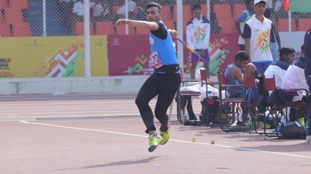 Punjab’s Kunwer Ajai Raj Singh Rana, gold medal winner in Under-17 javelin throw at Khelo India Youth Games (HT PHOTO) 