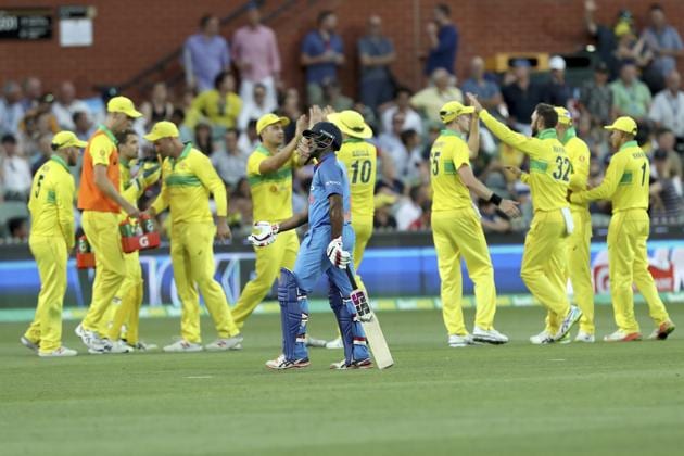 India's Ambati Rayudu loses his wicket against Australia during their one day international cricket match in Adelaide. (AP)