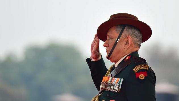 Army chief General Bipin Rawat takes the salute during the Army Day Parade in New Delhi on Tuesday.(PTI)